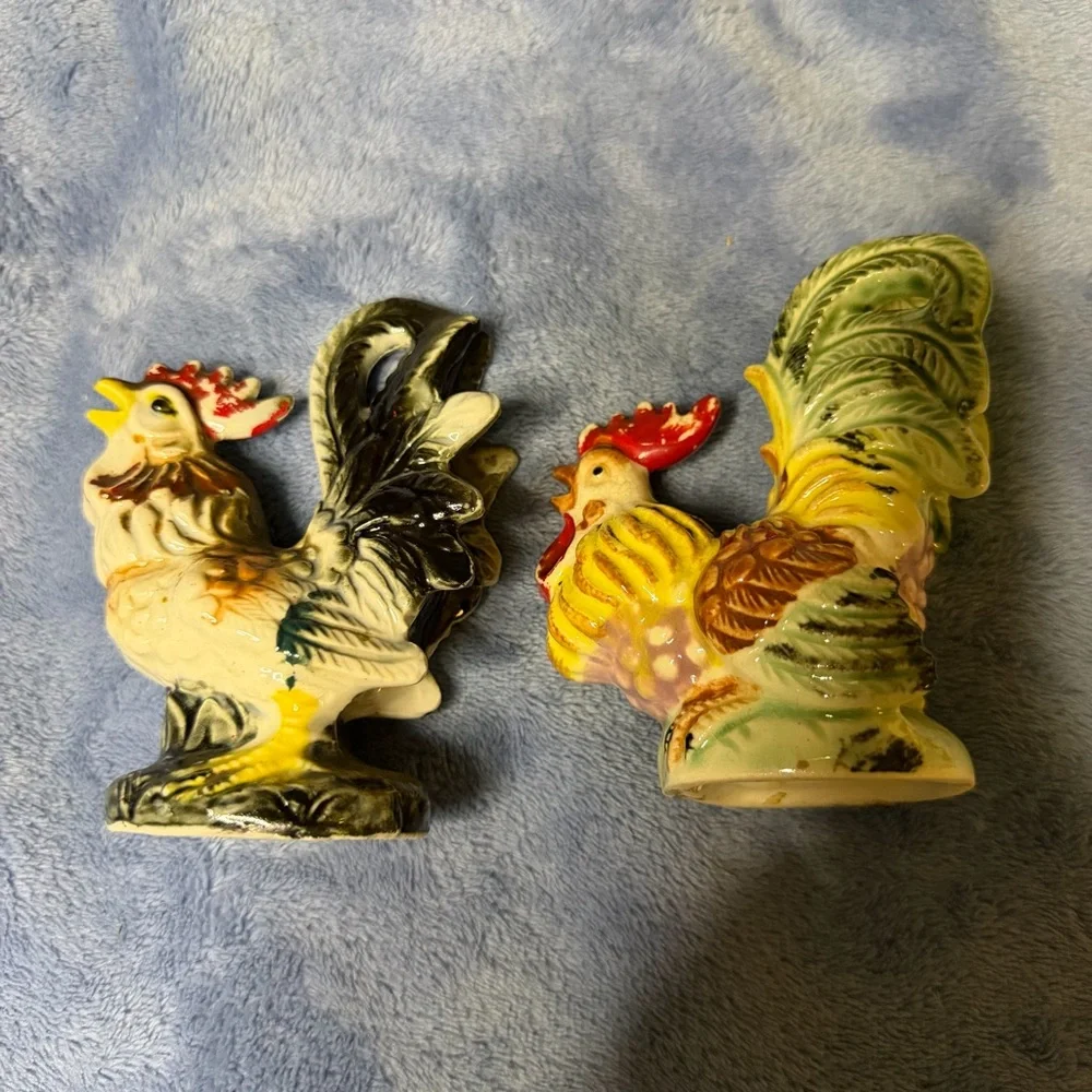Vintage Colorful Ceramic Rooster Figurines‎ - Set of 2